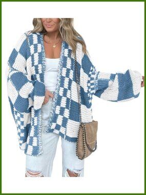 Open Front V-Neck Checkered Cardigan Long Sleeve Loose Knit Sweater